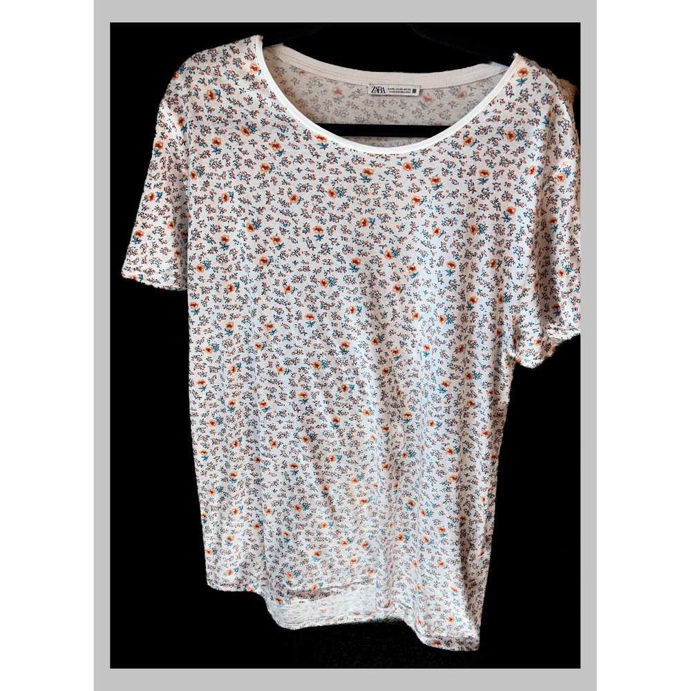 Zara Womens XL Floral Ditsy Print Short Sleeve T-Shirt Cream Orange Blue Crew